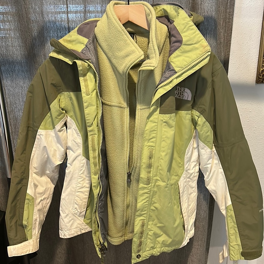 Green North Face jacket and fleece liner